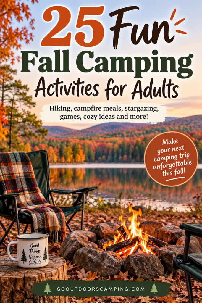 Discover 25 fun fall camping activities for adults, including fall foliage hikes, campfire cooking, stargazing, scenic drives, photography, games, and cozy campsite ideas. Save these autumn camping ideas for your next weekend getaway, couples camping trip, or relaxing fall adventure!
